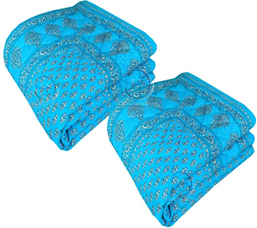 Image of Jaipuri Razai Single Bed Gold Print with Computerized Quilting Use as Soft and Breathable Cotton Comforter Quilt Rajai Blanket Dohar Size 55X85 inch Sky Blue Pack of 2