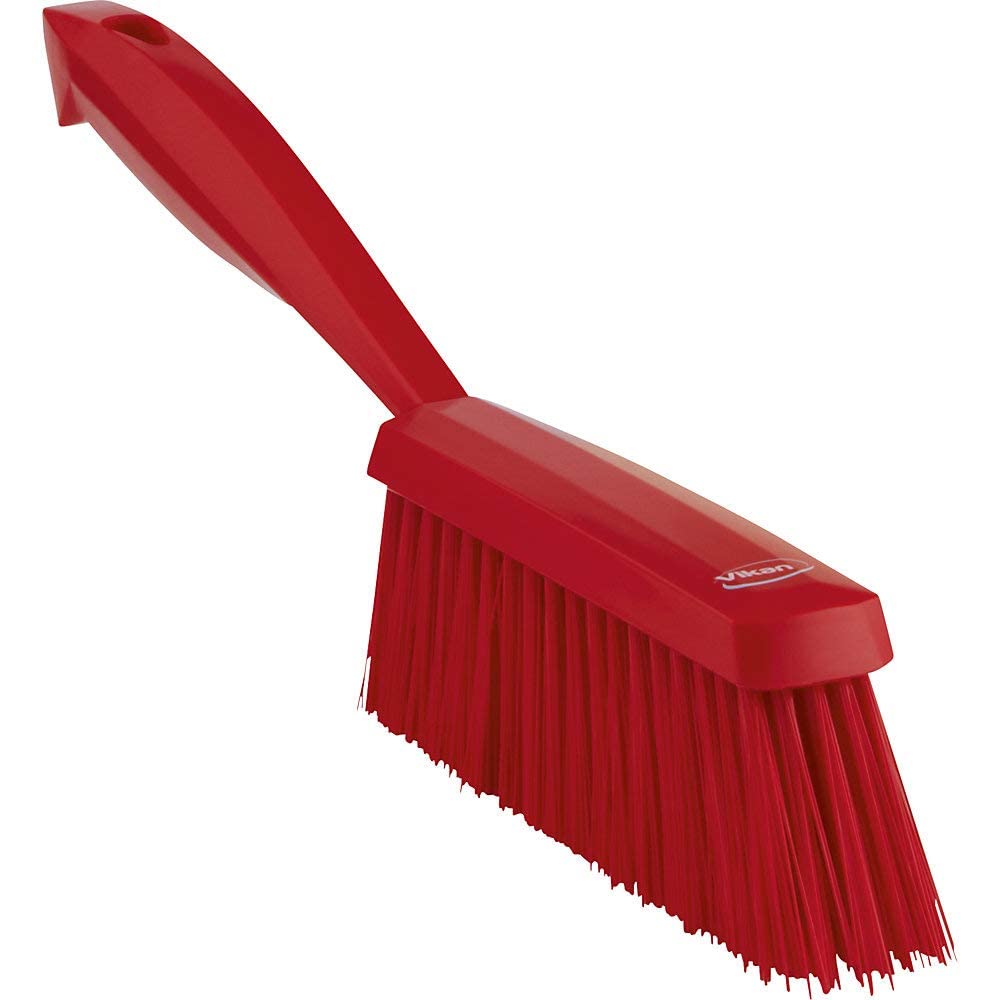 Vikan Hand Brush, Medium Bristle Polyester, Red, Polypropylene Handle with Stainless Steel, Food Surface Cleaning, 330 x 35 x 110 mm, Dishwasher Safe