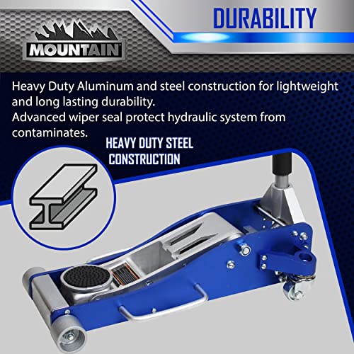Mountain Tq300A 3 Ton Low Profile Racing Service Floor Jack For Garages, Repair Shops, And Diy, 6,000 Lbs. Capacity, Lifting Range 3.75" - 18.9", Heavy Duty Aluminum/Steel Hybrid, Black/Blue/Silver #TOP3