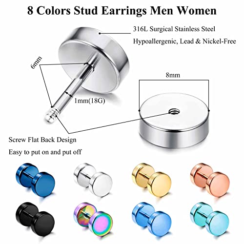 Jstyle 8 Pairs Dot Stud Earrings for Men Women Surgical Steel Screw Flat Back Earrings Multicolor Faux Gauges Ear Plug Tunnel Disc Mens Stud Earrings Piercing Set 4mm/6mm/8mm2