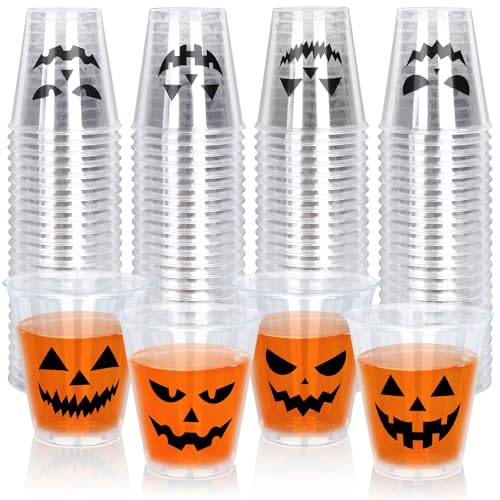 Whaline 80Pcs Halloween Plastic Shot Glass Bulk 2Oz Funny Pumpkin Face Mini Shot Cups Disposable Clear Drinking Tasting Sample Cup for Trick or Treat Party Supplies