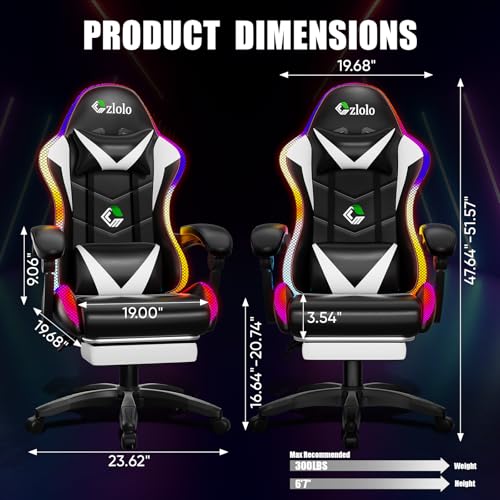 Image of Czlolo Gaming Chair, Racing Style RGB LED Lights Gaming Chairs for Adults and Kids, Lumbar Massager Gamer Chair, High Back Reclining Computer Chair with Footrest and Headrest (Black /White)