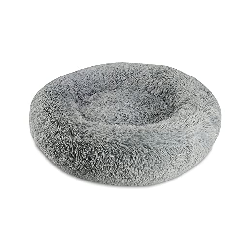 Arlee Donut Round Pet Dog Bed - Memory Foam - Calming Reduce Anxiety - Shaggy Vegan Fur - Assembled USA, Charcoal