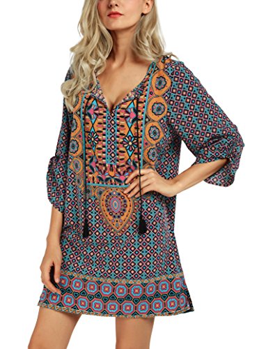 Image of Women Bohemian Neck Tie Vintage Printed Ethnic Style Summer Shift Dress