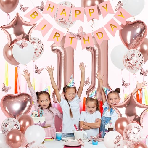 Image of Rose Gold 11th Birthday Decorations for Girl, 11 Year Old Sign with Happy Birthday Banner, 40In Number 11 Foil Birthday Balloons, Butterfly Decorations, Heart and Star Balloons