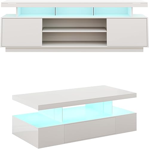 ChooChoo Juego de mesa moderno de 2 piezas para sala de estar, incluye centro de entretenimiento de alto brillo, soporte de TV para TV de hasta 65