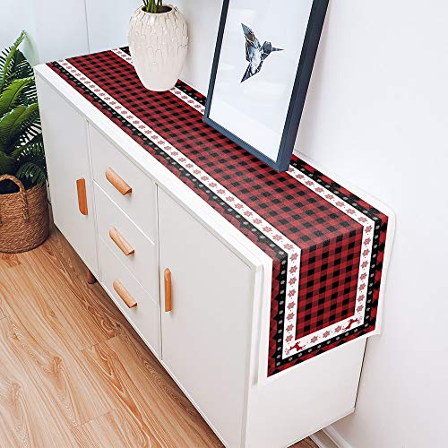 Christmas Table Runner-Red Black Buffalo Plaid Check-Cotton Linen-Winter Dinner Scarf Décor,Long 108 Inch Holiday Reindeer Tree Dresser Scarves,Xmas Kitchen Coffee/Dining Home Living Room Tablerunner - Thumbnail 5
