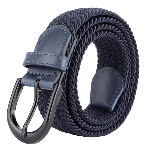 Mile High Life | Braided Stretch Elastic Belts | Pin Oval Solid Black Belt Buckle | PU Loop End Tip Men/Women/Junior(NAVY, Large)