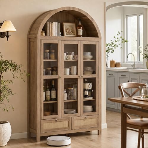 TYBOATLE 75 Arched Cabinet Classic Farmhouse Design w/Three Glass Doors Arch Cabinet w/Rattan Drawers and Anti-Tipping Device Versatile Cupboard for Kitchen Bathroom Natural