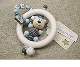Baby Greifling Rassel Beißring mit Namen - individuelles Holz Lernspielzeug als Geschenk zur Geburt Taufe - Jungen Motiv Bär und Auto in grau