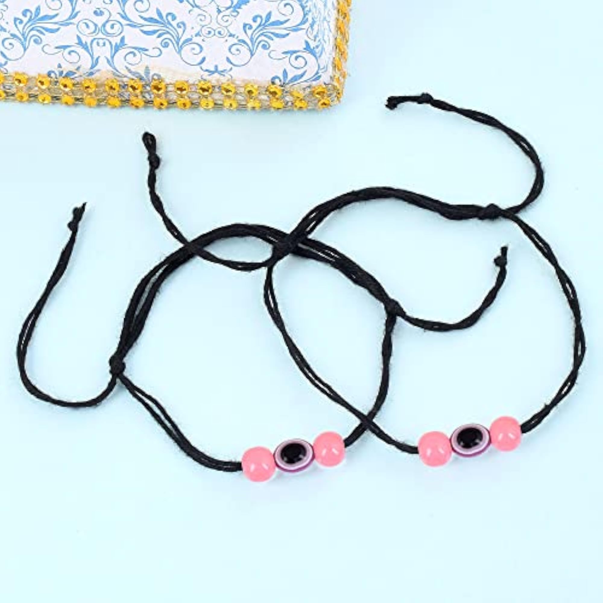 Trendy Oval Shape Magenta Evil Eye Adjustable Anklet with Peach Beads