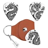 UNICRAFTALE 2 púas de guitarra de dragón chino, regalos de elementos orientales, acero inoxidable, llavero, púa de guitarra con funda de piel sintética marrón, regalos de cumpleaños para guitarristas