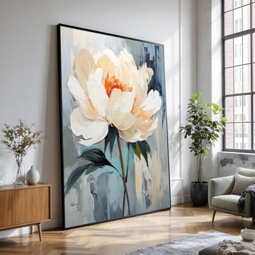Art mural floral toile pivoine blanche nature abstraite grand décor botanique sans cadre 40x60cm