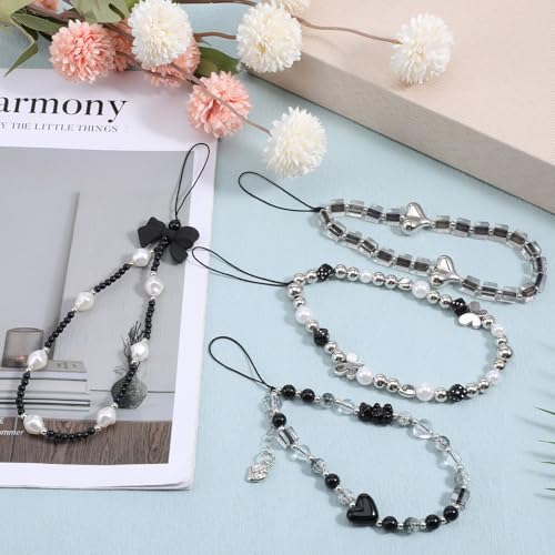 cobee 4 Pcs Beaded Phone Charm Strap, Cool Aesthetic CellPhone Keychain Black Phone Bracelet Wrist Straps with Tether Tab Bracelet Lanyard Keychain Charm Gothic CellPhone Keychains for Women