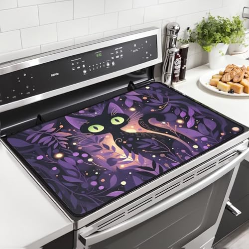 Image of Black Cat Purple Leaf Stove Top Covers for Gas Burners Electric Stove Protector Mat Anti Scalding Flat Range Stovetop Protector Halloweeen Kitchen Decoration 30x21 Inch