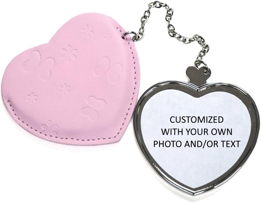 PicsWorx Personalized with Your Own Photo and/or Text - Heart Mirror with Pink Leather Case - Includes Gift Box