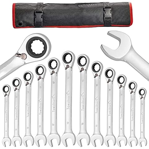 Towallmark 12-Piece Fixed Wrench Set, Reversible Ratcheting Combination Set, Metric 8mm-19mm, 72 Teeth, Cr-V Steel Ratchet Wrenches Set with Storage Bag for motorcycle/car/mechanical etc. Cover