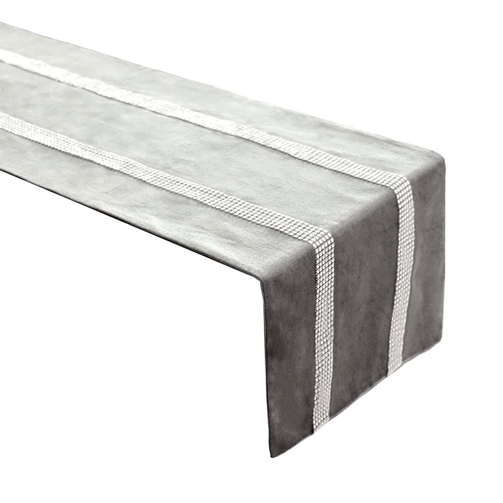Chemin de table européen gris en flanelle avec strass pour une décoration de table 32x180 cm
