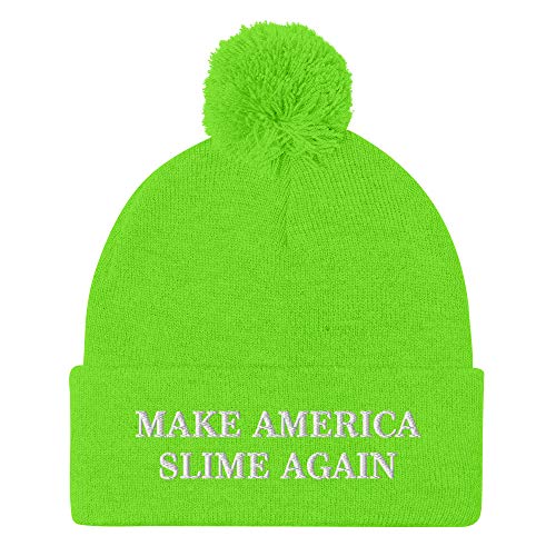 Hogue WS LLC Make America Slime Again Hat (Embroidered Pom-Pom Beanie) Neon Green