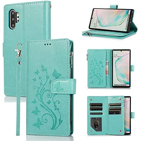 Auker Samsung Galaxy Note 10 Purse Case,Wallet Case for Women/Girl,Leather Flip Case Folio Cover with Card Holder Zipped Coin Pocket Stand Flower Embossed Shockproof Fold Case Clutch Bag Mint Green Cover