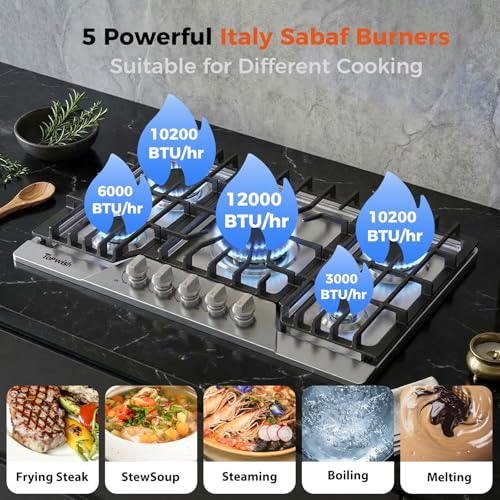 Image of TOPWISH 30 Inch Gas Cooktop,Gas Stove Top Propane 5 ITALY SABAF Burner | Built-in Gas Top Stove, NG /LPG Convertible 30 Cooktop, Stainless Steel Stove Top Gas Cooktop 30 Inch, 41400 BTU
