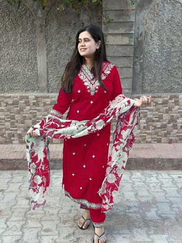 Image of GoSriKi Women's Rayon Blend Straight Embroidered Kurta with Pant & Dupatta