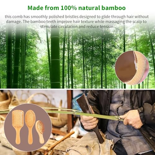 3 Stück Natur-Haarbürste aus Bambus, Nachhaltiger Bambus mit Antistatischer Kopfmassage - Quadratisch, Oval & Mini-Oval Design für trockenes/gewelltes/empfindliches Haar,Damen und Herren