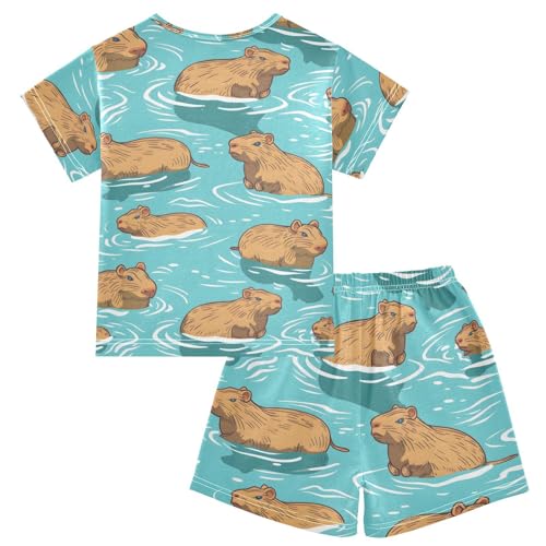 ALAZA Capybaras Blue Pajamas Short Sleeve 2 Piece Sleepwear Top and Bottom Pajama Set Unisex2