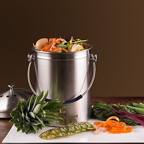 Abakoo Stainless Steel Compost Bin - 1.3 Gallon Premium Rust-Resistant Grade 304 Stainless Steel Kitchen Composter - Includes 4 Charcoal Filter, Indoor Countertop Kitchen Recycling Bin Pail