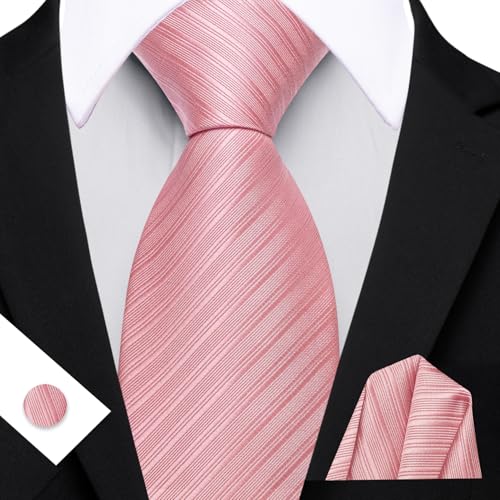 Image of Barry.Wang Solid Striped Tie for Men Silk Necktie Pocket Square Cufflinks Formal Wedding Party Business