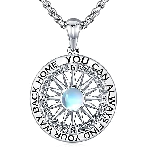 Brisskaari You Can Always Find Your Way Back Home Compass Necklace 925 Sterling Silver Compass Pendant Medallion Moonstone Accent Inspirational Nautical Compass Jewelry for Women Cover