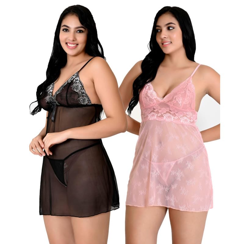 Image of Love Maker Soft Spandex Net Women Babydoll Honeymoon Nightwears Combo Small to 3XL