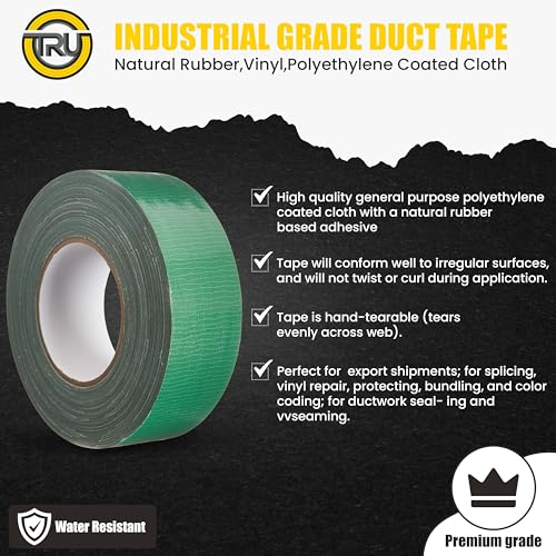Image of T.R.U. Set of 2 Green Durable Duct Tape Rolls, 11 Mil Thickness, 2 Inches by 30 Yards, High Strength, Flexible, No Residue, Water-Resistant and Tearable by Hand, Versatile for Indoor and Outdoor Use