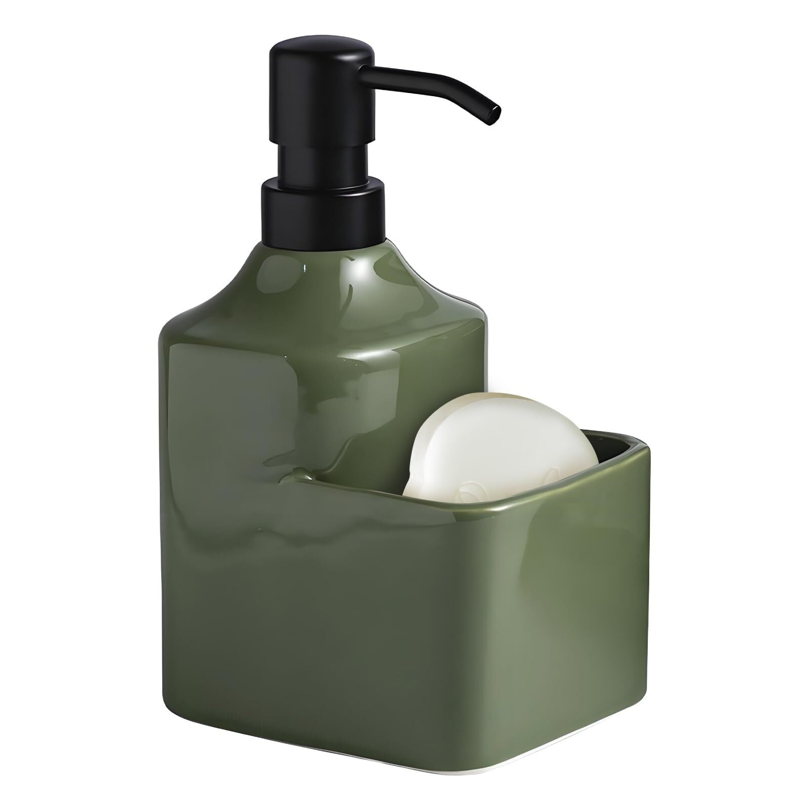 Qyleee One Color Hand Ceramic Countertop Soap Dispensers With Sponge Holder 2-In-1 Liquid Dish For Bathroom(Green With Sponge Holder)