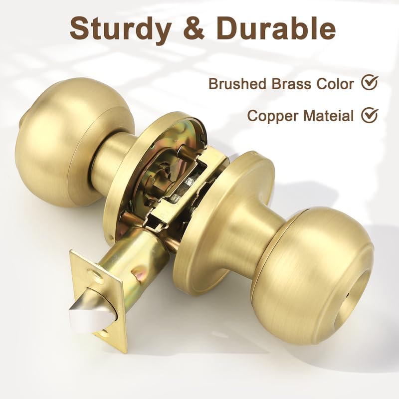 Probrico Brass Door Locks for Bedroom, Interior Door Knobs with Privacy Lock, Bathroom Door Handles, Copper Material, Keyless, 6 Pack