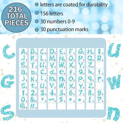 Image of Colarr 216 Pcs 4 Inch Glitter Bulletin Board Letters for Classroom Alphabet Punctuation Symbol Cutout Die-Cut Light Blue Poster Letter with Adhesive Dot School Party Holiday Decor Display