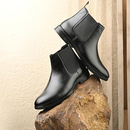 Image of Men's Chelsea Boots, Black Leather, Elastic Side Panel, Pull-On Style, Low Heel