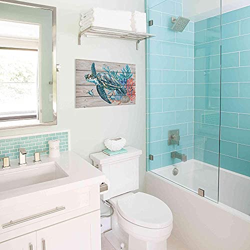 Sea Turtle Bathroom Wall Decor: Teal Coral Canvas Wall Art Sea Turtle Painting Gifts For Turtle Lovers Women Bedroom Office Home Decorations Rustic Swimming Turtle Picture Print Framed 24"X16"X1 Panel #TOP3