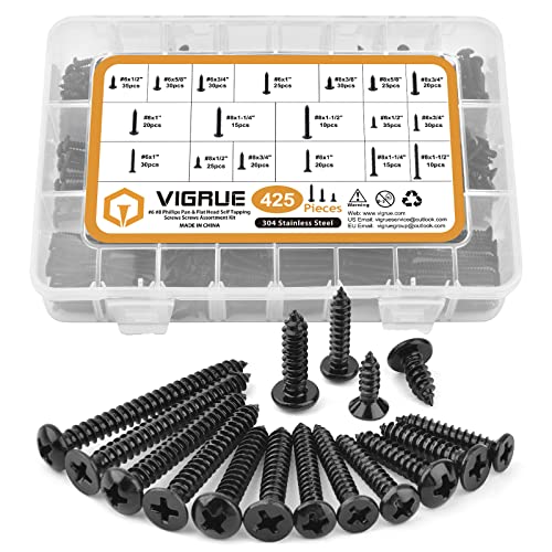VIGRUE 425PCS #6#8 Black Wood Screw Set, Black Oxide 304 Stainless Steel Phillips Pan and Flat Head Self Tapping Screws Assortment Kit, Length 1/2" to 1-1/2" 425PCS #6#8 Pan Head & Flat Head