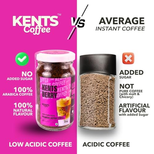 Image of Kents Coffee Berry Delight Cappuccino - Berry Flavor | Plant-Based Instant Coffee | Rich & Creamy | Hot, Iced & Dessert Drinks | 50gm Unbreakable Glass Jar | Hot & Cold Coffee | No Added Sugar, No Artificial Flavours
