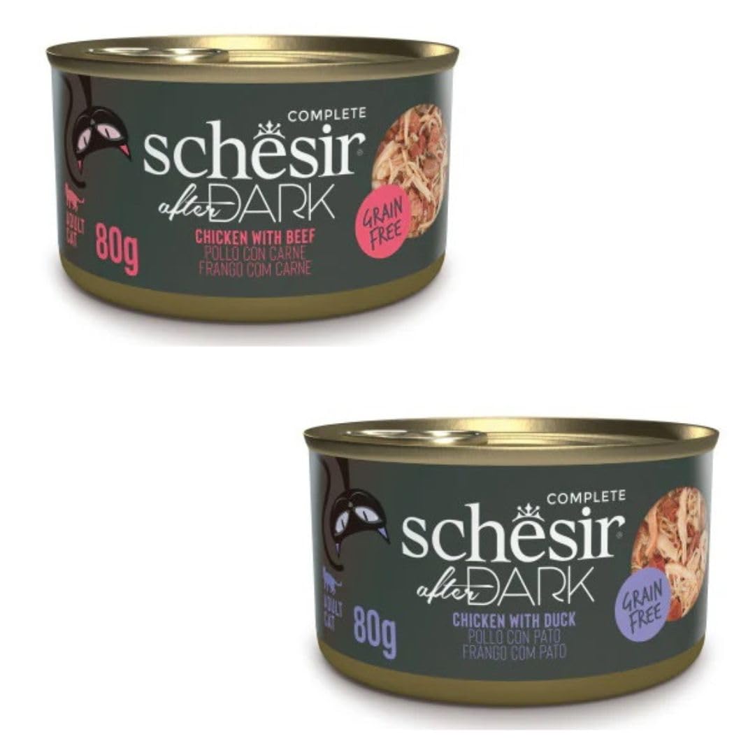 Schesir After Dark | Mokra karma dla kotów | W stekach w bulionie i pasztecie | Opakowanie 2 | 24 x 80 Gr (24x80 Gr, Kurczak z kaczką w bulionie + Kurczak z wołowiną w bulionie)