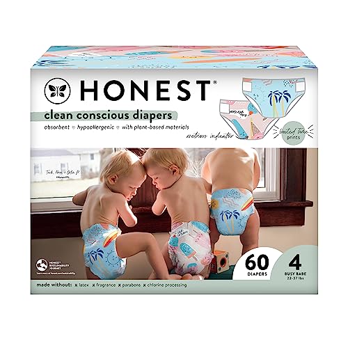 Image of The Honest Company Clean Conscious Diapers | Plant-Based, Sustainable | Summer '23 Limited Edition Prints | Club Box, Size 4 (22-37 lbs), 60 Count