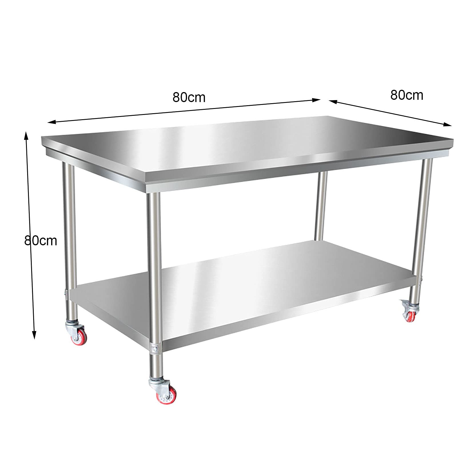 Mesa de preparación de cocina comercial de acero inoxidable con estante inferior y 4 ruedas, mesa de preparación de alimentos resistente para estante de restaurante