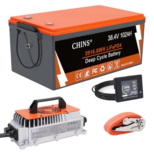 CHINS 36V Lithium Golf Cart Battery Conversion Kit, 200A BMS(1000A Peak Current), with Touch Monitor and Retention Strap, 4500+ Cycles 36V Lithium Battery with Charger Perfect for Golf Carts(102AH)