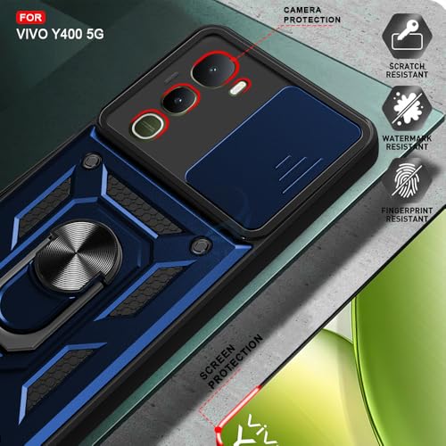 Image of AESTMO Tough Armor Vivo Y400 5G Bumper Back Case Cover | Ring Holder & Sliding Camera Shield Cover | 360 Degree Protection Back Case Cover for Vivo Y400 5G (Blue)