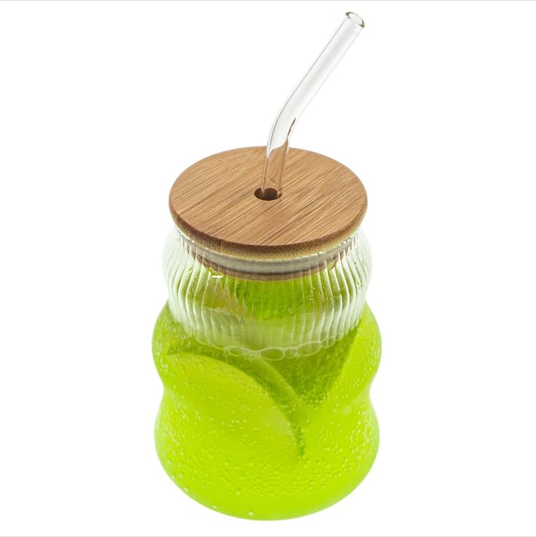 renovon 500ml Bambu Kapaklı Cam Bardak, Cam Pipetli Silikon Kapak Contalı İnce Çizgi Desenli Sıcak Soğuk İçecekler için Kahve Meyve Suları ve Çayları için Ergonomik Şık Tasarım