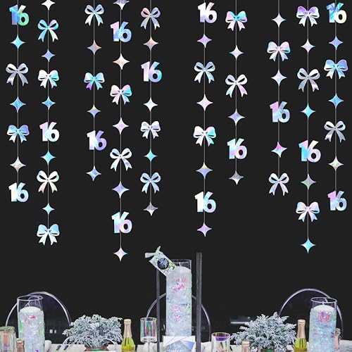 Image of Iridescent 16th Bow Birthday Decorations Metallic Conquette Bow Garland Streamer Banner Backdrop for Girls Boys Happy 16th Birthday Sweet Sixteen Cheers to 16 Years Old Anniversary Party Supplies