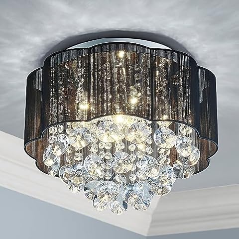 AGV LIGHTING 2021011 Modern Crystal Raindrop Drum Flush Mount Ceiling Light Fixture, Perfect for Dining Room Bathroom Bedroom Livingroom, 4 x E12 Bulbs Required, D12 x H10, Black Fabric Lampshade Cover