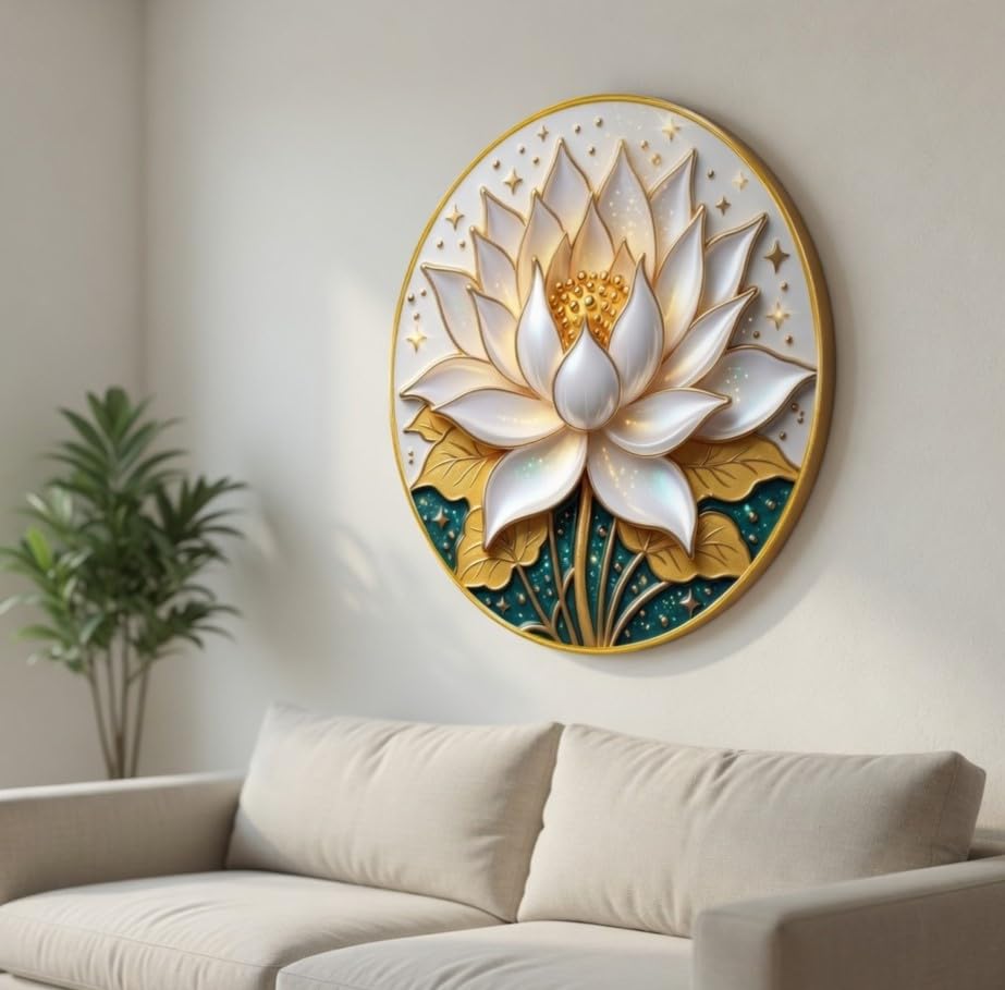 Image of SAF Lotus Flower Wall Painting with Golden PVC Frame Round Floral Wall Art Modern Elegant Decor for Living Room Bedroom Office Spiritual Home Decorative Gift Item (23 x 23 Inch) GR-354