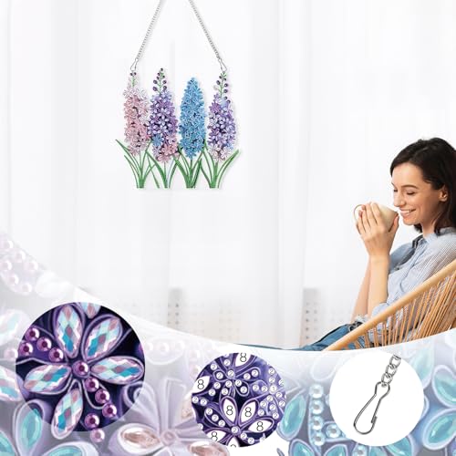 Image of Large Lavender Diamond Painting Suncatcher Hanging Kits for Adults | Flower DIY Hanging Diamond Art for Adults, Window & Wall Decor, 5D Crystal Diamond Art Pendant